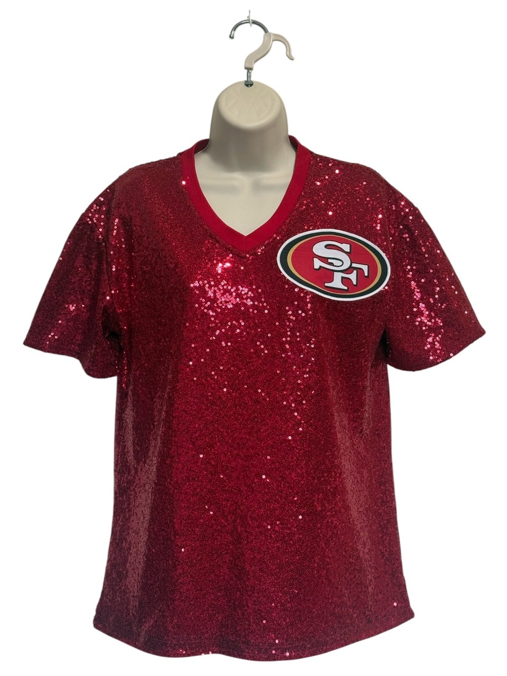 NFL Team Apparel SF 49ers Red Sequin V-Neck Glam Top S